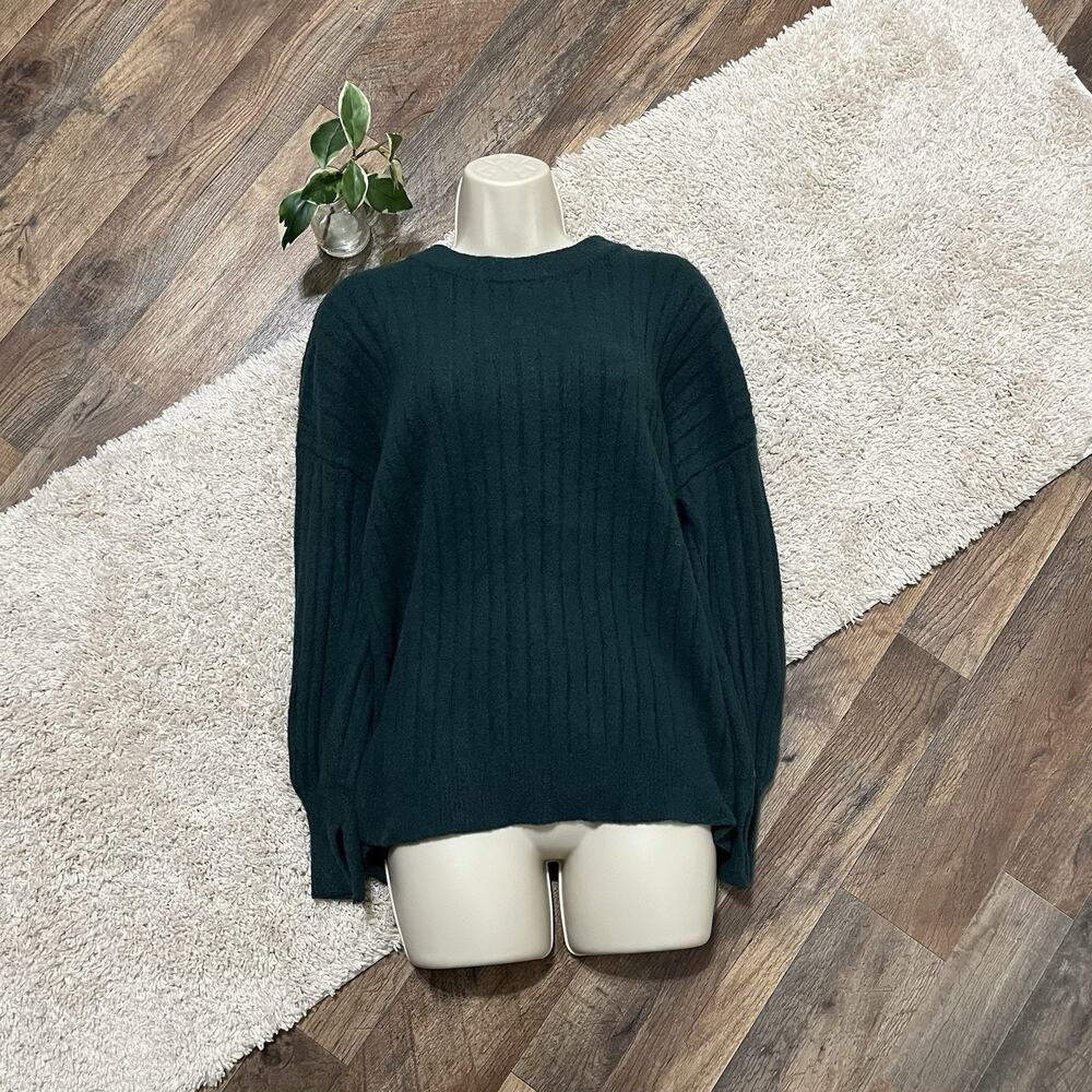 Aerie Size Small Oversized Green Ribbed Crewneck Split Cuff Pullover Sweater